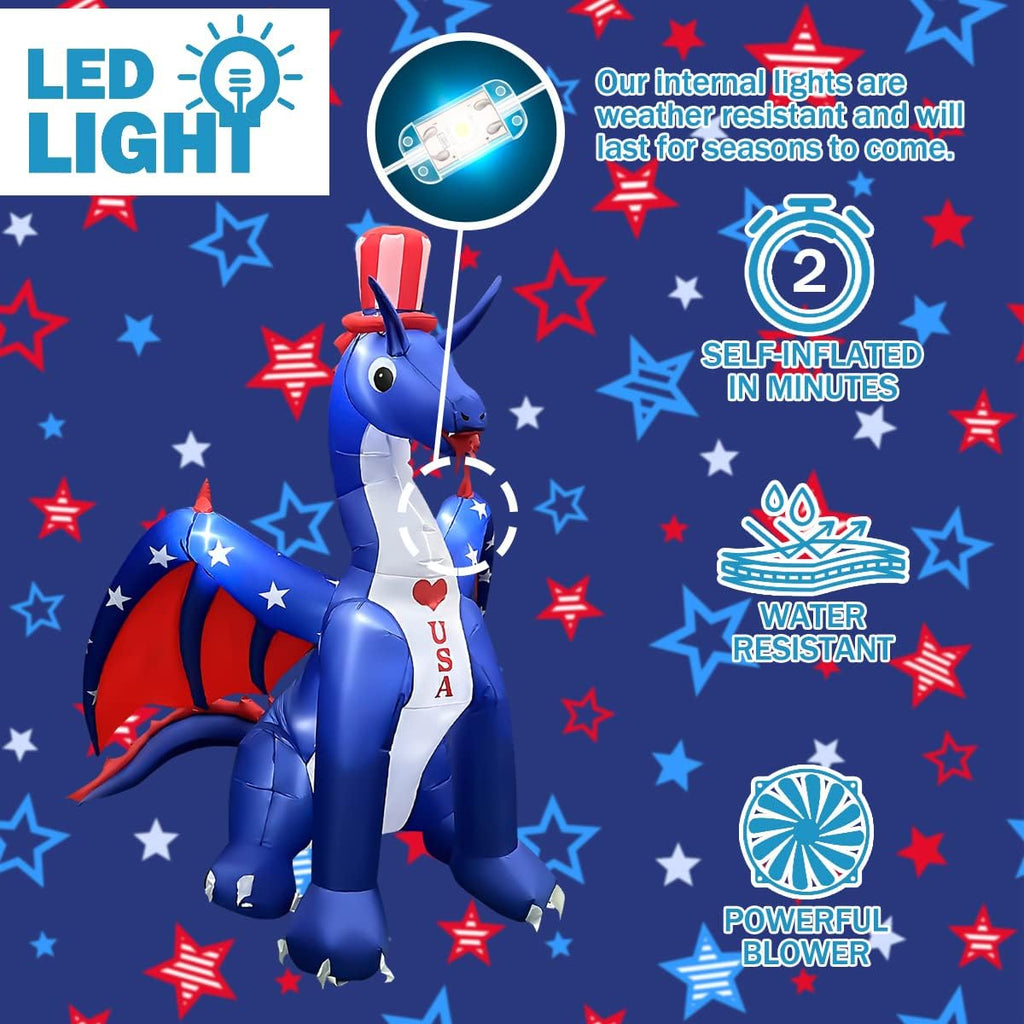 BLOWOUT FUN 8 FT Independence Day Inflatable Dragon with America Style Decorations Patriotic 4th of July for Home Yard Lawn Garden Indoor Outdoor Memorial Day Decorat