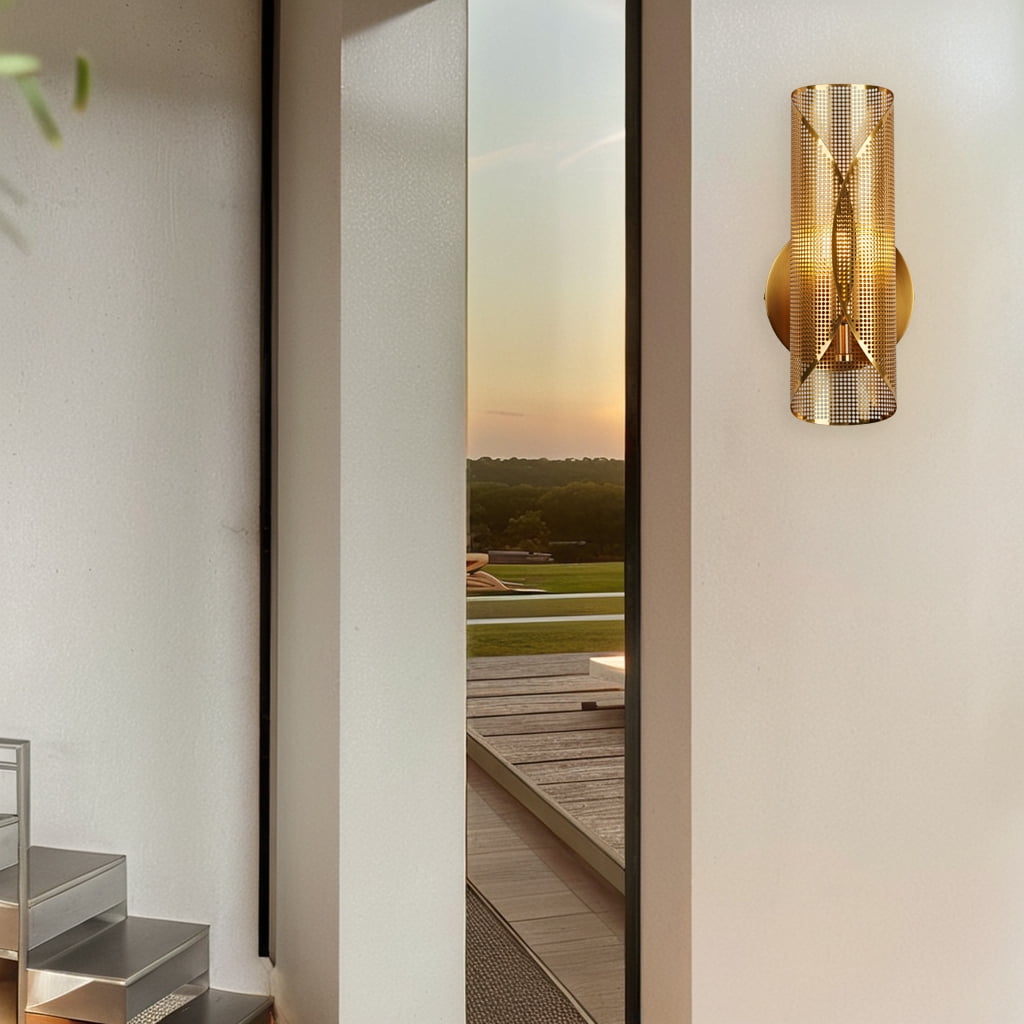 Modern Curved Elegance Rounded Perforated Metal Canopy Sconce,Wall Lights for Living Room,Outdoor Wall Lam,Kitchen Wall Sconce,Gold Sconces Bathroom,Bedroom Wall Light Sconces (1-Light)