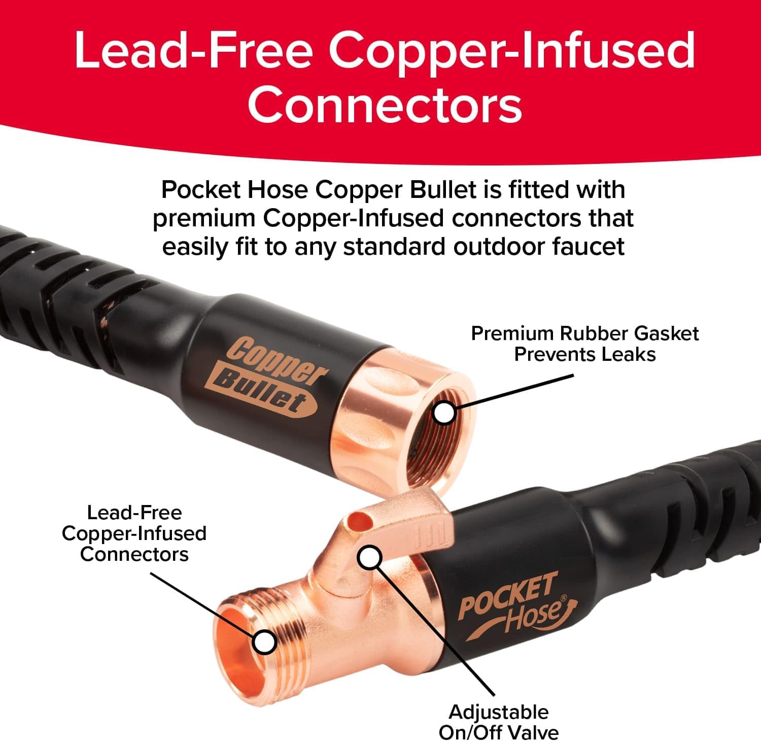 Pocket Hose Copper Bullet Expandable Garden Hose w/10 Pattern Thumb Spray Nozzle AS-SEEN-ON-TV 50 FT 650psi 3/4 in Patented Lead-Free Ultra-Lightweight Solid Copper Anodized Aluminum Fittings No-Kink