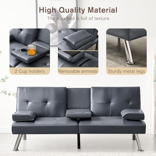 Faux Leather Convertible Folding Futon Sofa Bed with 2 Cup Holders, Sleeper Couch Bed with Removable Armrests, Metal Legs, Upholstered Loveseat for Living Room, Apartment, Dorm, Office (Orange)