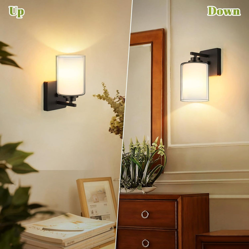 Set of 2 Wall Sconces for Bathroom, Modern Vanity Light Fixtures, Matte Black Wall Mount Lighting Lanterns, Farmhouse Wall Lights with Double Clear Glass Shade for Bedroom Living Room Mirror Hallway