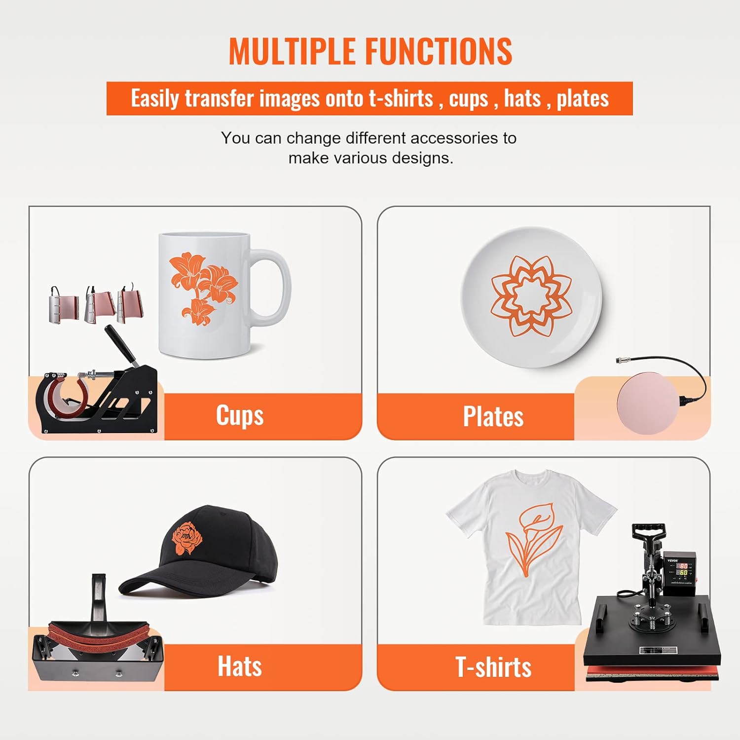 VEVOR Heat Press 15x15 Inch 8 in 1 Heat Press Machine, Swing Away Tshirt Press Machine Digital Control, Multifunctional Heat Transfer Machine Sublimation Combo for T-Shirt Hat Cap Mug Plate