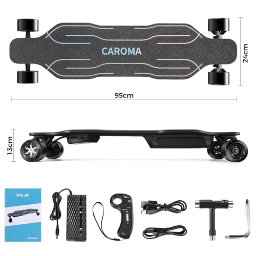 Caroma 38" Electric Skateboard with Remote, 1200W Brushless Motor, 28 Miles Range & 28Mph Top Speed, Max Load 300lbs, 9 Layer Maple Wood, Safety Luminous Sandpaper, Electric Longboard for Adults Teens