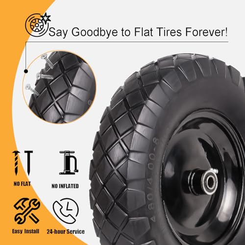 Wheelbarrow Tires 4.80/4.00-8 Flat Free-16"Universal Solid Wheels with 5/8" & 3/4" Bearings for Wheelbarrows/Hand Truck/Garden Trailers/Cart, Non-Slip Wheel Barrow Wheels and Tires Kit (2 Pack)