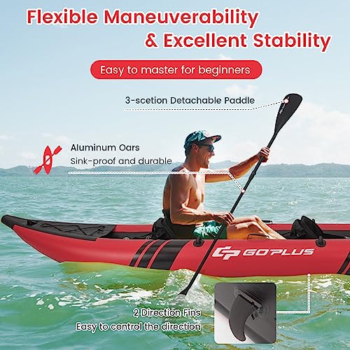 Goplus Inflatable Kayak, 2-person Kayak Set for Adults with 507 LBS Weight Capacity, 2 Aluminium Oars, EVA Padded Seat, 2 Fins, Hand Pump, Carry Bag, Repair Kit, Portable Touring Kayaks