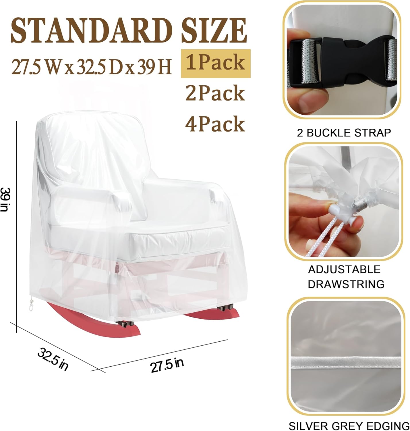 Patio Rocking Chair Cover, Swivel Rocker Chair Cover for Outdoor Furniture, 27.5''W x 32.5''D x 39''H, Patio Swivel Chair Covers Waterproof, Translucent Frosted PVC (1)