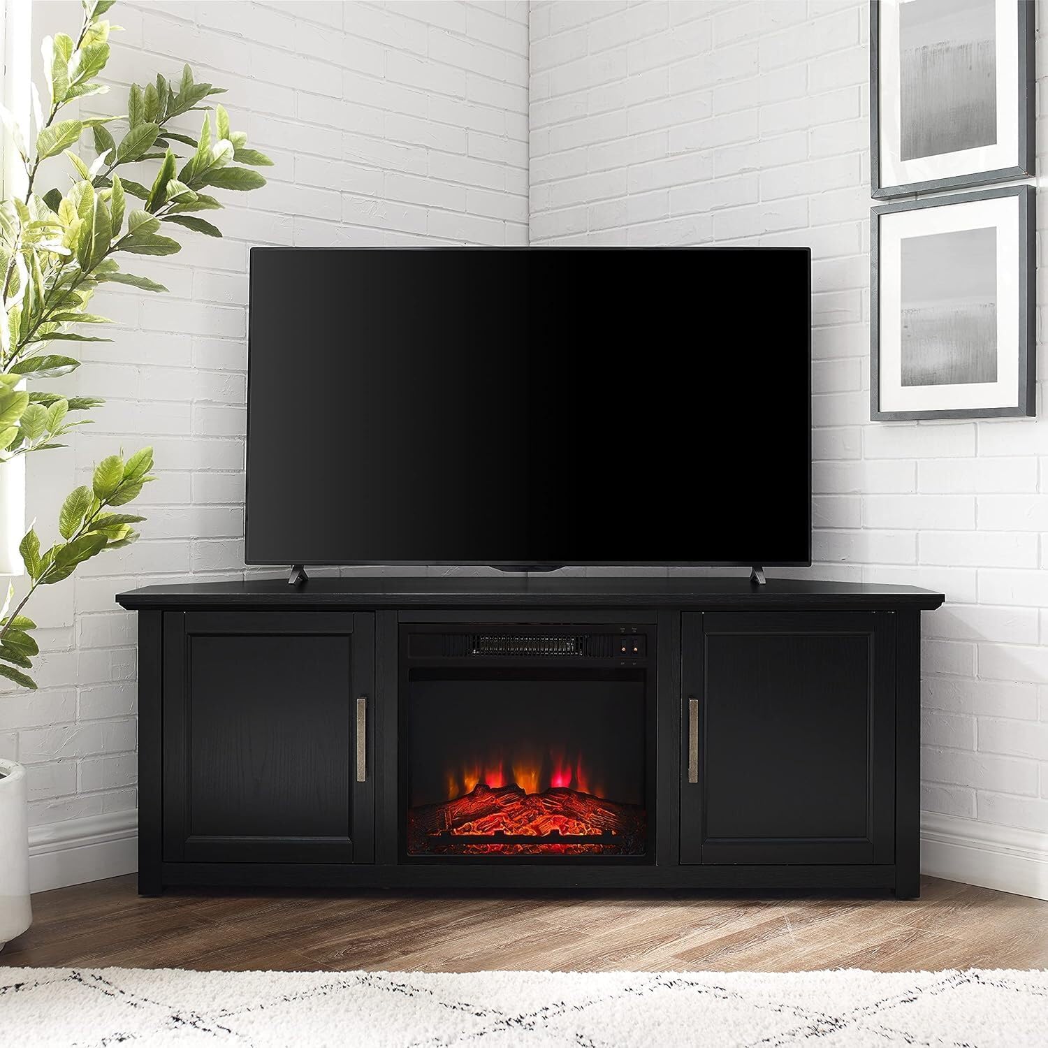 Art Deco Dreams 58-inch Corner TV Stand with Electric Fireplace, Black - 20" D x 58" W x 22" H, Freestanding, Brass Effect Finish