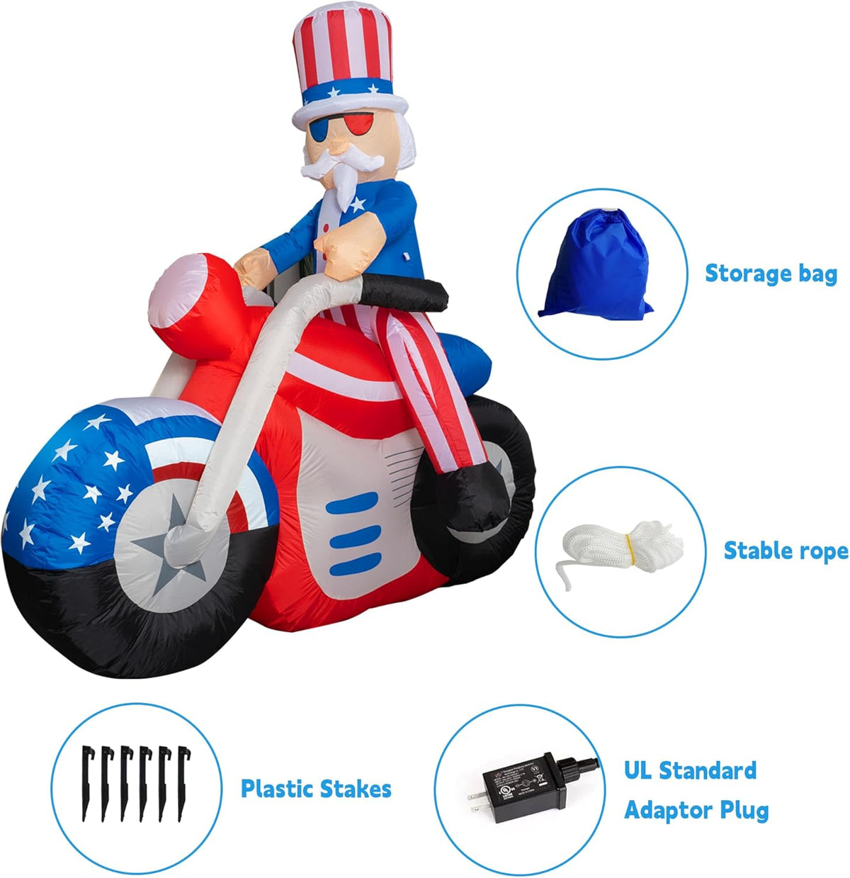 Dazzle Bright 4th of July Inflatable Decorations, 6FT Uncle Sam on Motorcycle Pre-Lit LED Independence Day Decor, Blow Up Patriotic Memorial Day Decorations for Indoor Outdoor Lawn Yard Garden