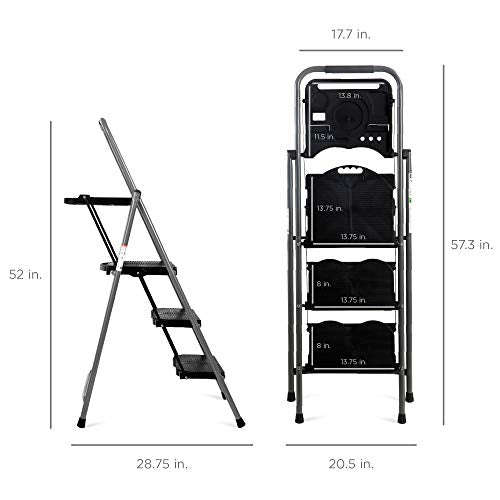 Best Choice Products 3-Step Ladder, Portable Folding Anti-Slip Step Stool w/Utility Tray, Hand Grip, Rubber Feet Caps, 330lb Capacity