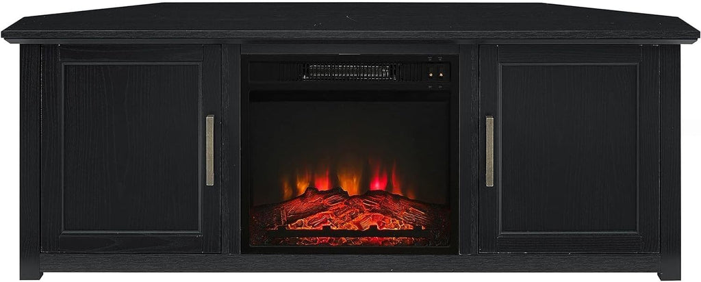 Art Deco Dreams 58-inch Corner TV Stand with Electric Fireplace, Black - 20" D x 58" W x 22" H, Freestanding, Brass Effect Finish