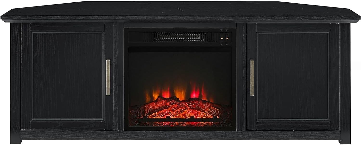 Art Deco Dreams 58-inch Corner TV Stand with Electric Fireplace, Black - 20" D x 58" W x 22" H, Freestanding, Brass Effect Finish