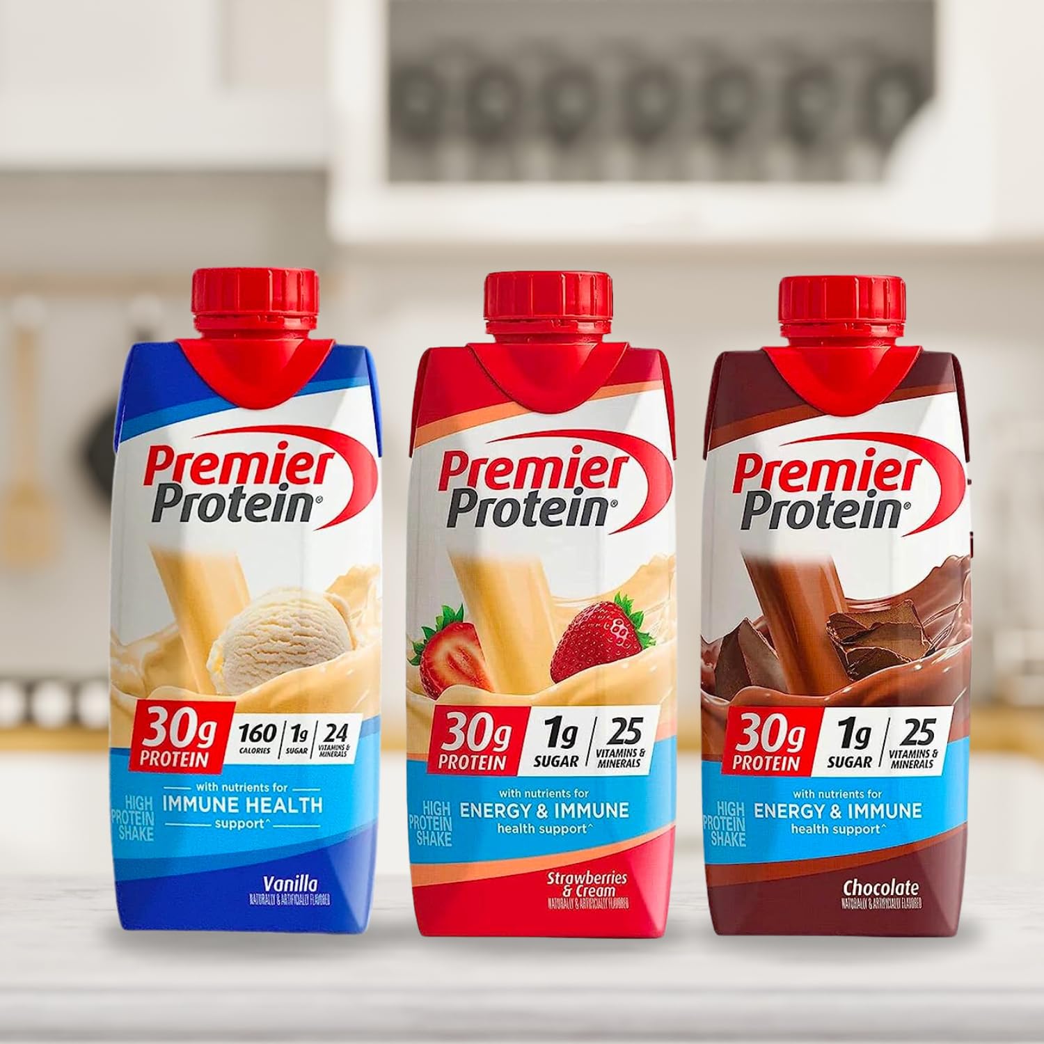Premier Protein High Protein Shake, Strawberry Cream, Chocolate, and Vanilla Variety (11 Fl oz. 12pk) World Group Packing Solutions, Total:132.0 Fl Oz