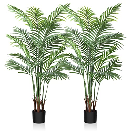 CROSOFMI Artificial Areca Palm Plant 6 Ft Fake Palm Tree with 13 Leaves Faux Yellow Palm in Pot for Indoor Outdoor House Home Office Modern Decoration Perfect Housewarming Gift，2Pcs