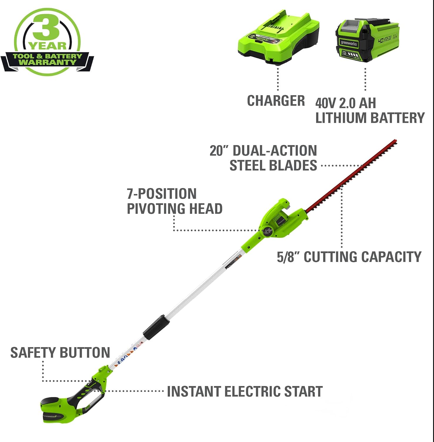 Greenworks 40V 20" Cordless Pole Hedge Trimmer, 2.0Ah Battery and Charger Included