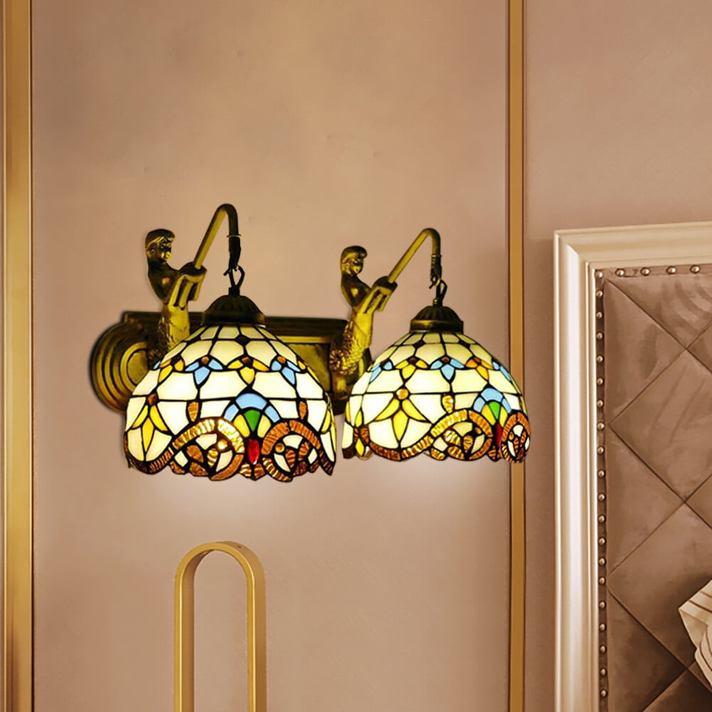 Retro Gold Stained Glass Wall Sconce 2 Lights Tiffany Mermaid Vanity Fixture Wall Light for Front Doors