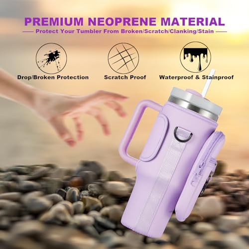 Water Bottle Carrier Bag with Phone Pocket for Stanley 40 & 30 oz Tumbler with Handle,Pink Insulated Neoprene Cup Holder Pouch w/Adjustable Strap for Quencher H2.0 Stanley Cup Accessories