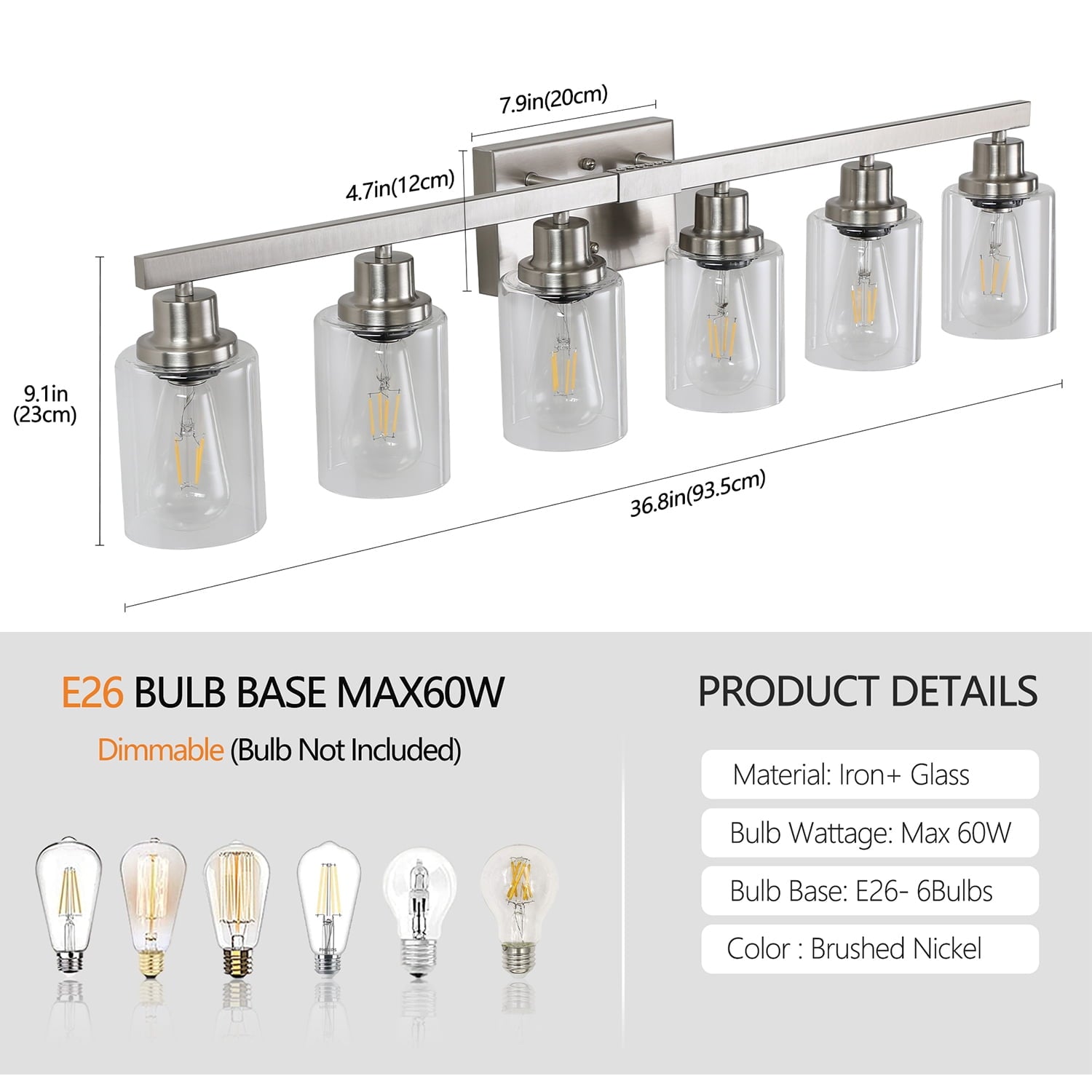 LuxDecor 6-Light Bathroom Vanity Light with Crystal Shades, Chrome Finish LED Wall Light (Bulbs Excluded)
