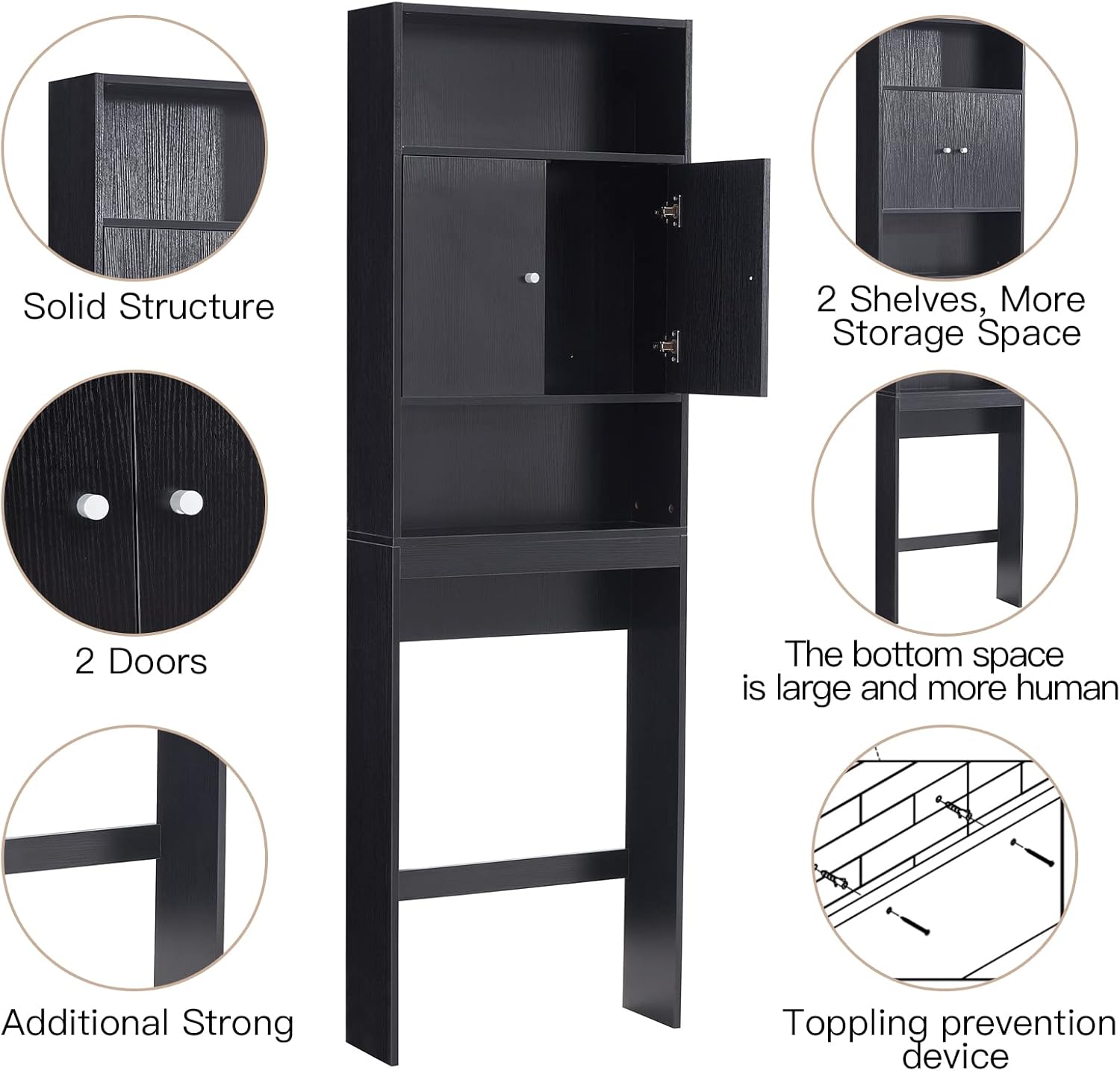ME2 Bathroom Over The Toilet Storage Cabinet, 77'' Taller Bathroom Organizer Shelf Space-Saving Collect Cabinet with Shelves and Double Doors, Black