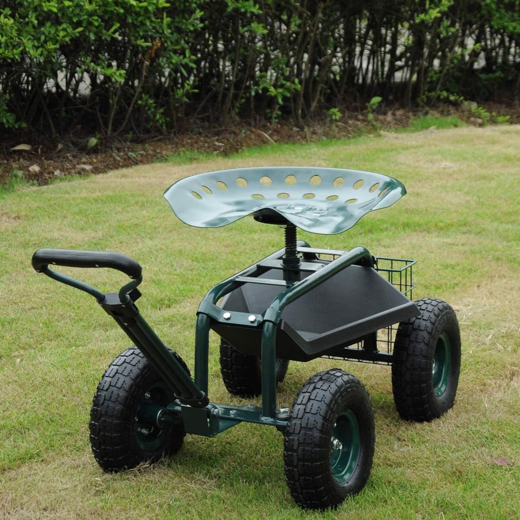 Steerable Garden Stool Cart with Tool Tray and Storage Basket on Wheels Rolling Work Seat Heavy Duty Scooter with Extendable Steer Handle Green