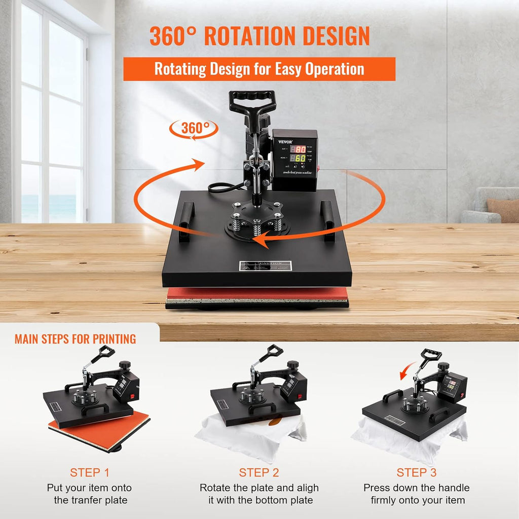 VEVOR Heat Press 15x15 Inch 8 in 1 Heat Press Machine, Swing Away Tshirt Press Machine Digital Control, Multifunctional Heat Transfer Machine Sublimation Combo for T-Shirt Hat Cap Mug Plate