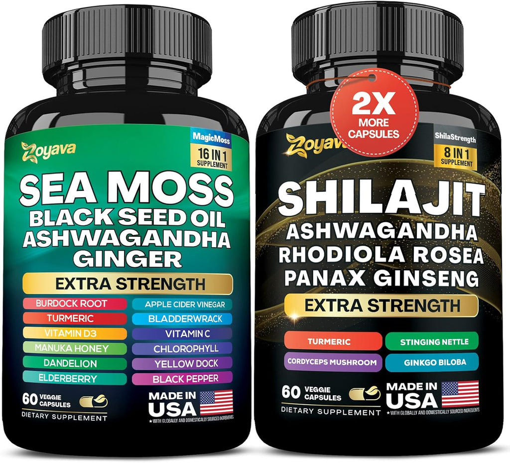Zoyava Sea Moss 16-in-1 and Shilajit 8-in-1 Supplement Bundle