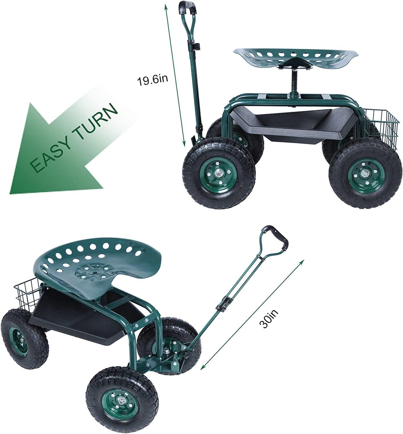 Steerable Garden Stool Cart with Tool Tray and Storage Basket on Wheels Rolling Work Seat Heavy Duty Scooter with Extendable Steer Handle Green