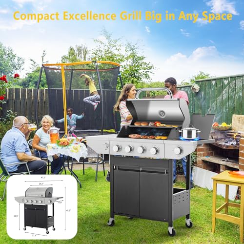 Large Propane Gas Grill with 4-Burners and Side Burner,Outdoor BBQ Grill Griddle with Porcelain-Enameled Cast Iron Grates, Stainless Steel Camping Barbecue Griddle for Patio,Garden,47000 BTU