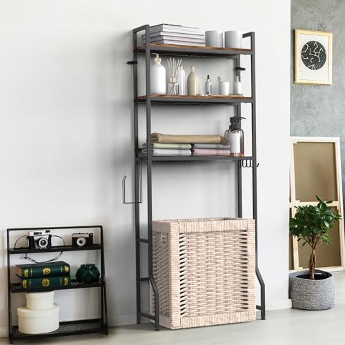 Over The Toilet Storage, Over Toilet Bathroom Organizer 3 Tier, above Toilet Storage Rack for Bathroom Freestanding Bathroom Space Saver with Metal Frame and 4 Hooks for Laundry, Brown