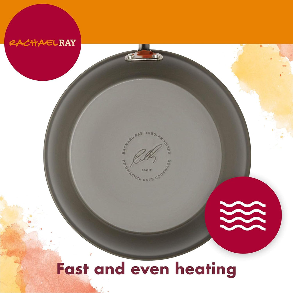 Rachael Ray Brights Hard-Anodized Aluminum Nonstick Cookware Set with Glass Lids, 10-Piece Pot and Pan Set, Gray with Orange Handles and 14-Inch Frying Pan