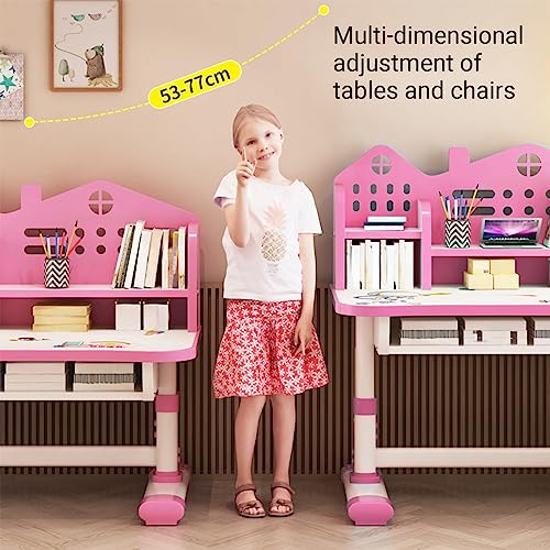 Kids Study Desk and Chair Set Children Desk, Height Adjustable Children's Desk and Chair School Study Table Chair with Drawer Shelf Desk for Bedroom Classroom with Cartoon Pattern (Pink)