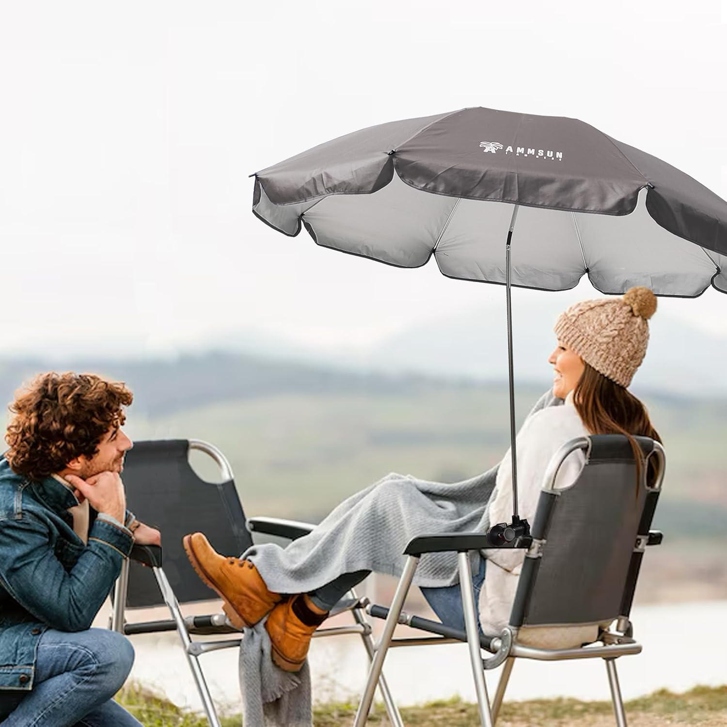 AMMSUN XL Chair Umbrella with Universal Clamp 52 inches and 360-degree Swivel UPF 50+, Portable Clamp on Camping or Beach Chair, Stroller, Wheelchair, Gray