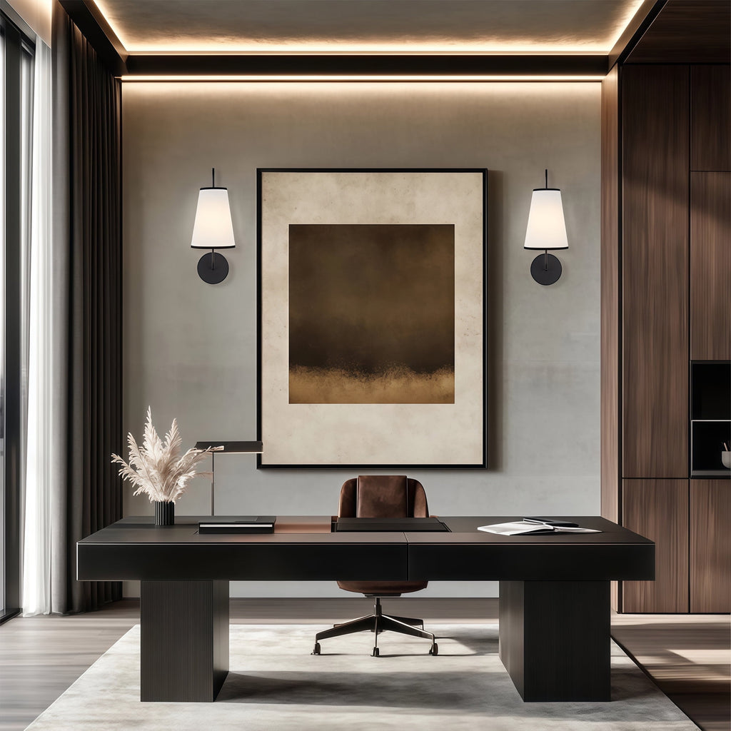 Minimal Elegant Black Sconce, Modern White Linen Shade Sconce for Bedroom, Living Room, Bathroom
