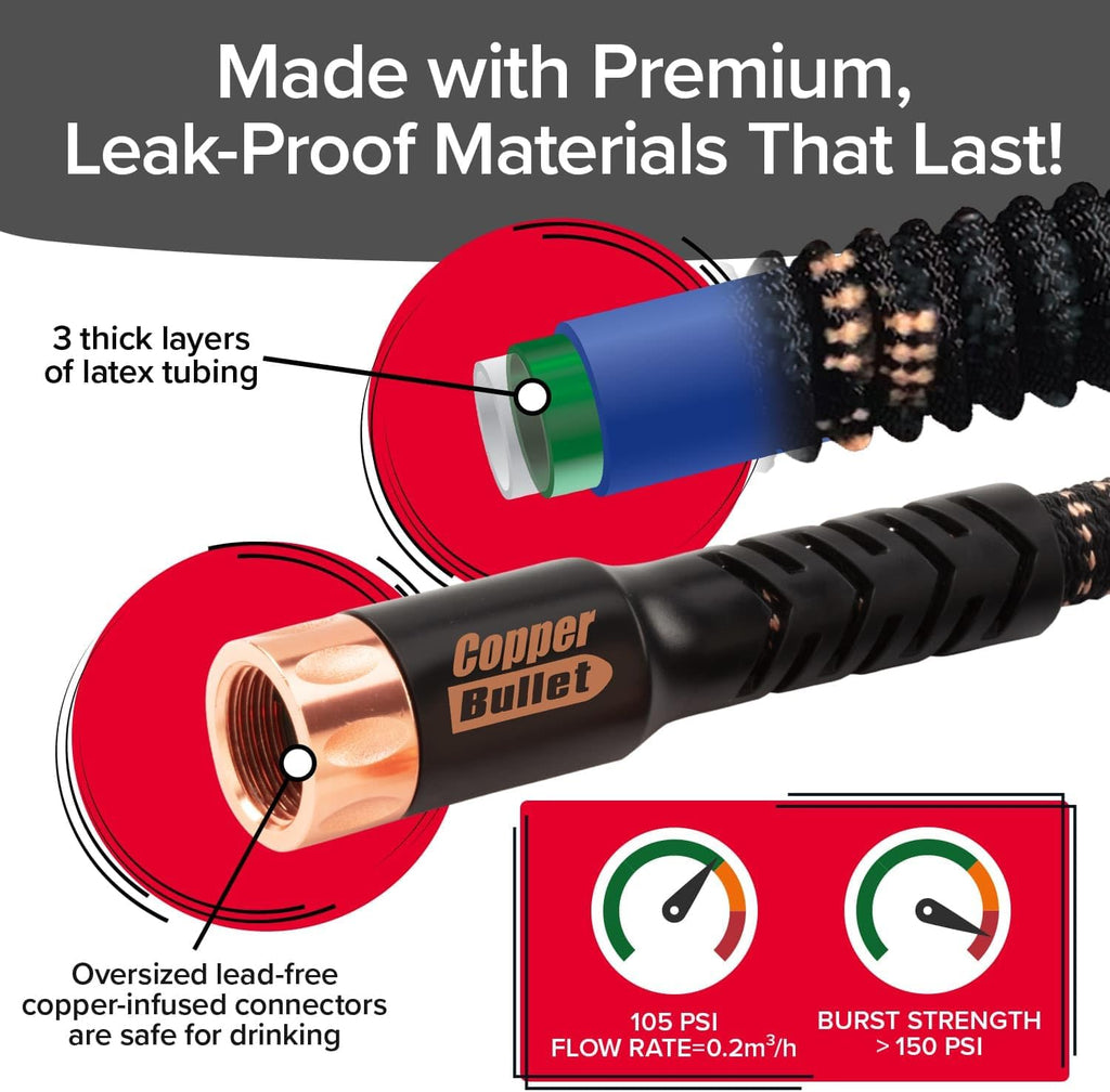 Pocket Hose Copper Bullet Expandable Garden Hose w/10 Pattern Thumb Spray Nozzle AS-SEEN-ON-TV 50 FT 650psi 3/4 in Patented Lead-Free Ultra-Lightweight Solid Copper Anodized Aluminum Fittings No-Kink