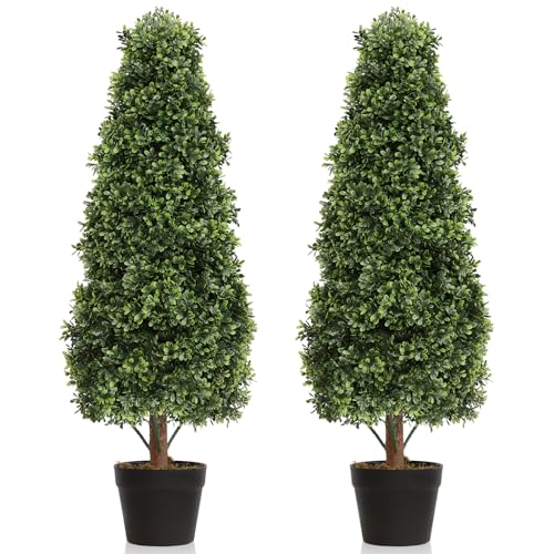 3ft Topiary Trees Artificial Topiaries Boxwood Trees Outdoor Faux Shrub 2 Packs with Black Pot, Fake Bushes Potted Green Plants Decorative Indoor Porch or Garden（35inch）