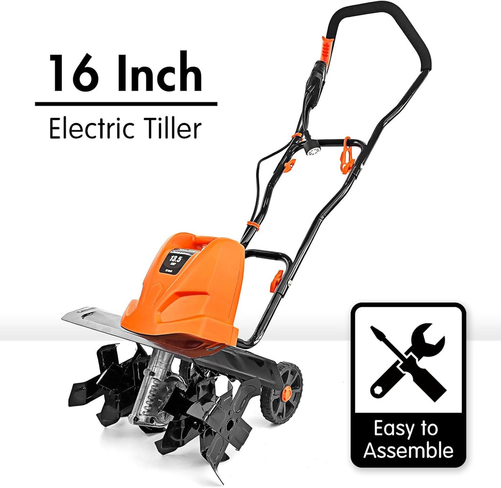 NEO-TEC 16 Inch 13.5 AMP Electric Corded Garden Tiller & Cultivator, Rototiller for Garden Tool, 8'' Tilling Depth Foldable Handle 6 Tines Tiller for Gardening