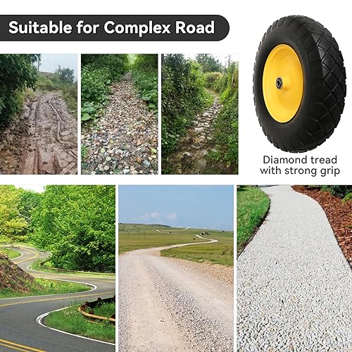 4.80/4.00-8" Tire and Wheel Assembly Set for Wheelbarrows, 5/8" or 3/4" Bore Wheelbarrow Tires for Utility Cart, Wheel Barrel, Wagon, Trailer, Dolly, 16" Solid Rubber Tires Without Flat Spots, 1 Pack