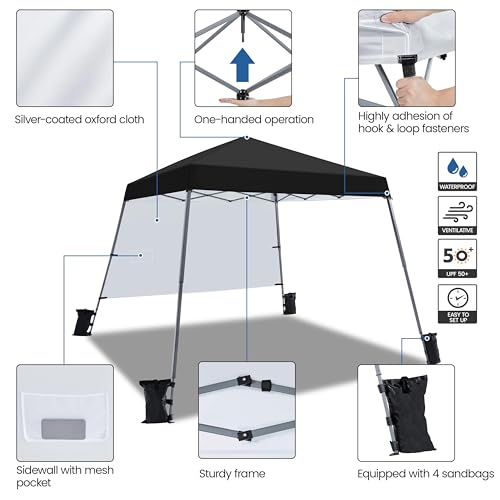 Topeakmart 10 x 10ft Pop-Up Canopy Tent, Portable Instant Shelter Tent with Sun Shade Wall, Outdoor Canopy with Bonus Backpack Bag for Family Trip, BBQ, Camping, 4 Sandbags, Easy Assemby Black