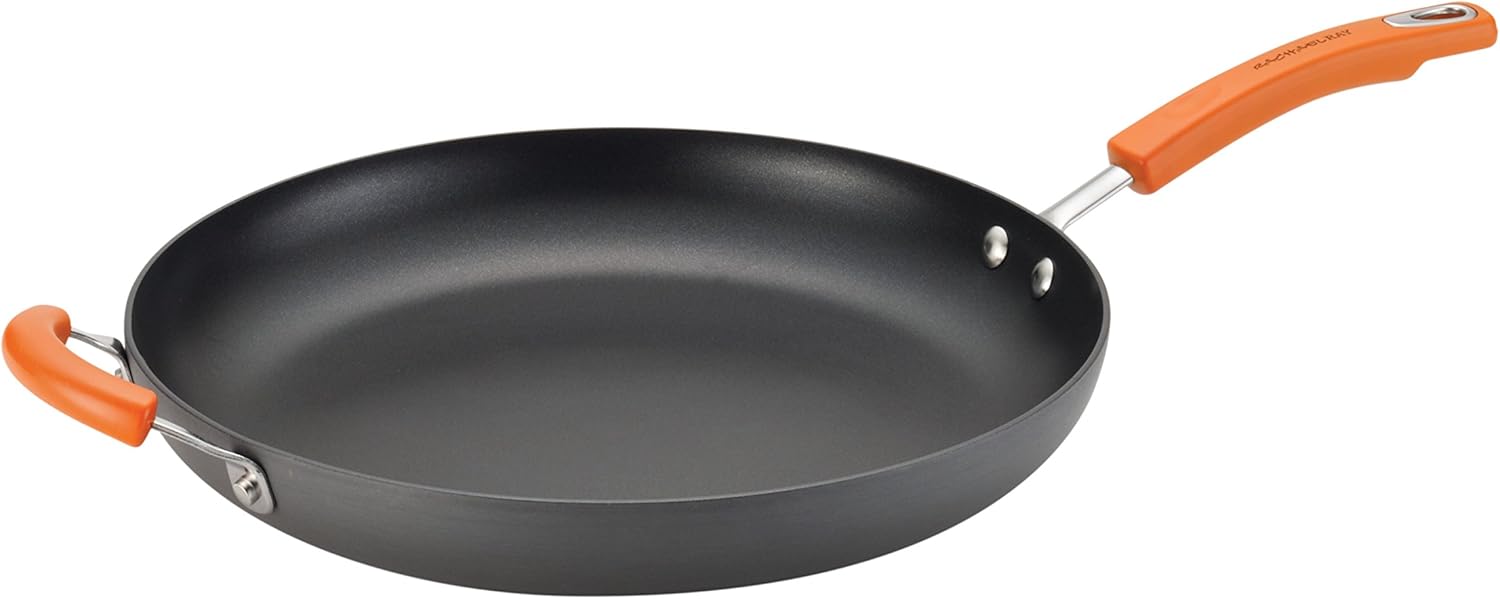 Rachael Ray Brights Hard-Anodized Aluminum Nonstick Cookware Set with Glass Lids, 10-Piece Pot and Pan Set, Gray with Orange Handles and 14-Inch Frying Pan