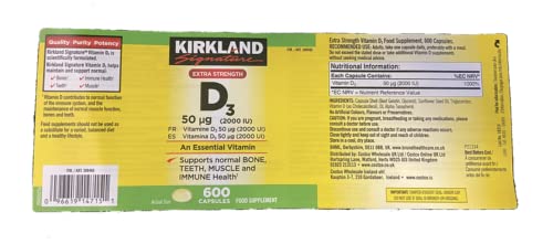 Kirkland Maximum Strength Vitamin D3 600 Softgels (Pack of 2)