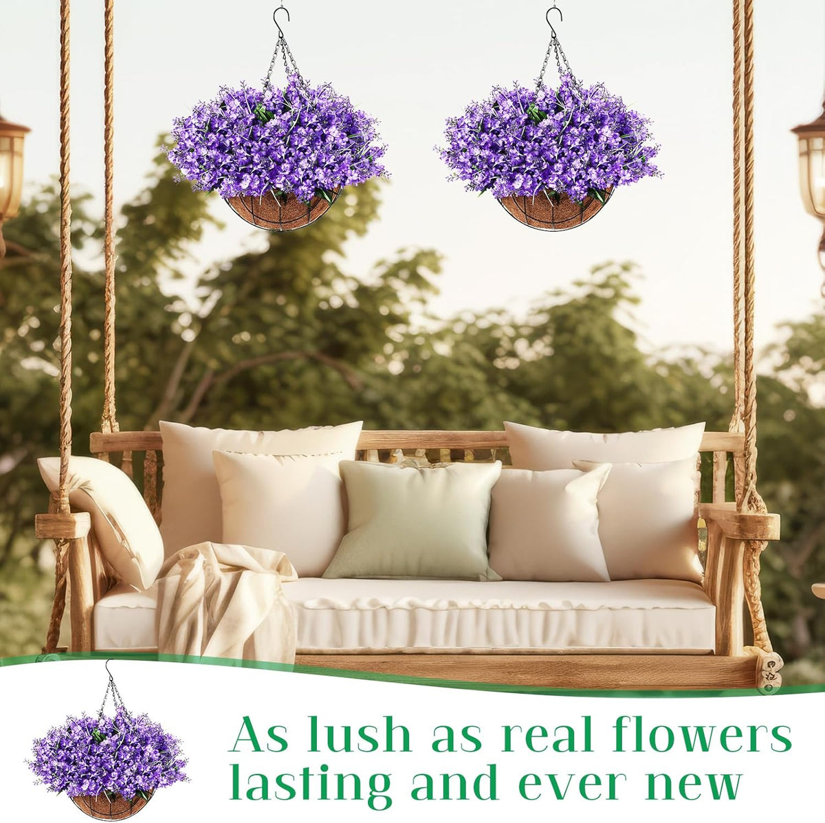2 Pack Artificial Hanging Flowers in Basket for Spring Summer Porch Home Garden Yard Decoration Faux Hyacinth Arrangement Fake Plants in 12 Inch Coconut Lining Basket for Outdoors Indoors Decor