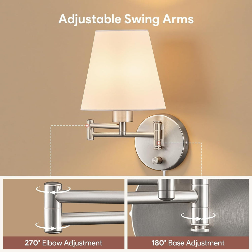 Wall Sconce Set of 2, Plug in & Hardwired Swing Arm Wall Lamps, Adjustable Wall Mounted Lighting Fixtures, Modern Wall Lights with Nickel Base White Fabric Shade for Bedside, Hallway, Study