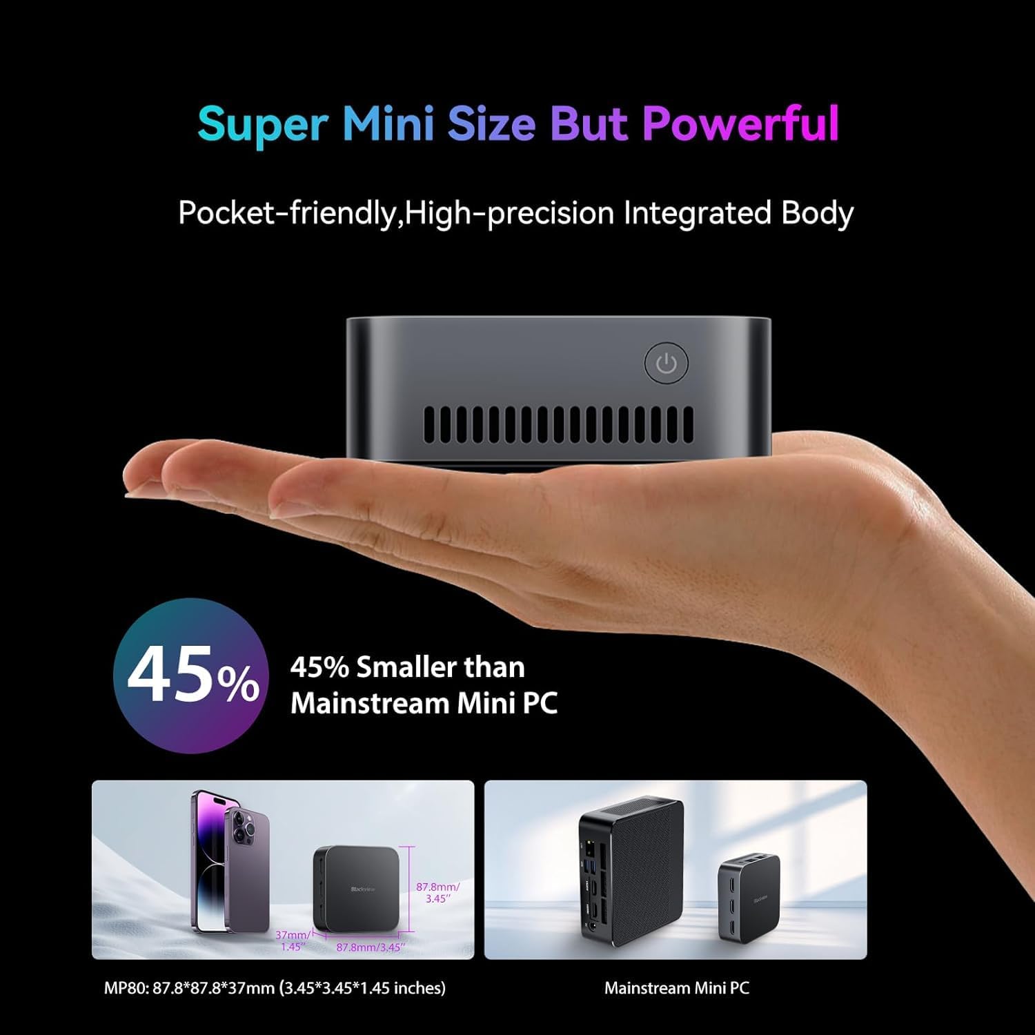 Blackview MP80 Mini PC Intel 12th N95(up to 3.4GHz), 16GB LPDDR5 512GB M.2 SSD Mini Desktop Computers Win 11, Support Dual LAN, 3 HDMI, 2.4/5G WiFi, 4K UHD