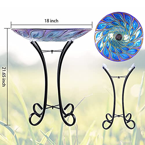 MUMTOP Outdoor Glass Bird Bath Solar Birdbaths with Metal Stand for Lawn Yard Garden Peacock Decor,18” Dia 21.65” Height
