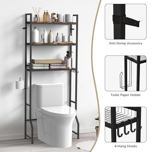 Over The Toilet Storage, Over Toilet Bathroom Organizer 3 Tier, above Toilet Storage Rack for Bathroom Freestanding Bathroom Space Saver with Metal Frame and 4 Hooks for Laundry, Brown