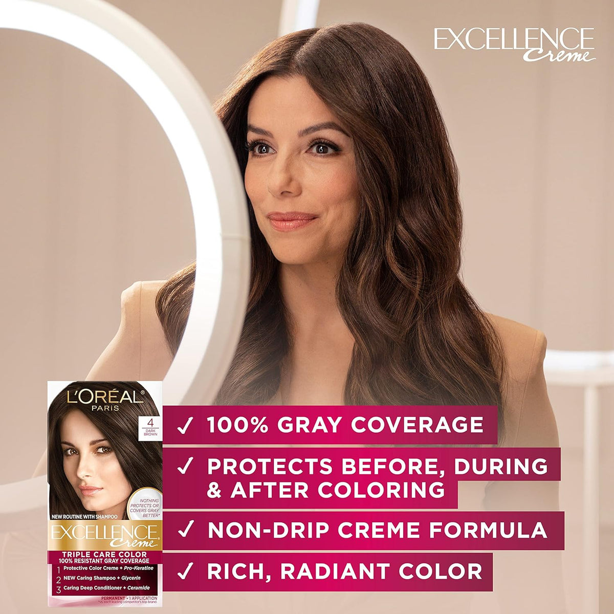 L'Oreal Paris Excellence Creme Permanent Triple Care Hair Color, 6 Light Brown Hair Dye Kit, Gray Coverage For Up to 8 Weeks, All Hair Types, Pack of 2