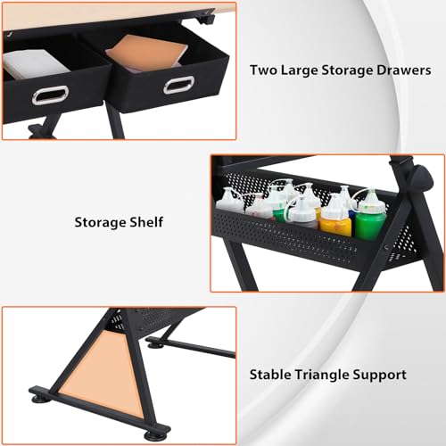 Drafting Table Art Desk, Height Adjustable Drawing Table Tilting Tabletop Work Station with Stool and Storage Drawer for Home, Office, Writing, Black
