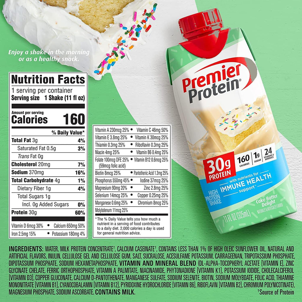 Premier Protein High Protein Shakes Variety Sampler Pack, 11 Fl. Oz Each - Cafe Latte, Chocolate, Vanilla, Caramel, Cake Batter, Chocolate Peanut Butter - 2 of Each Flavor (12 Pack) in The Award Box Packaging