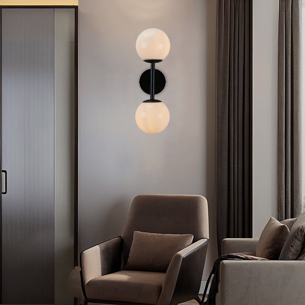 Modern Milk Glass Shade Double Sconce, Contemporary Bathroom Wall Sconce, Vanity Sconce Light, Wall Light over Mirror(Black)