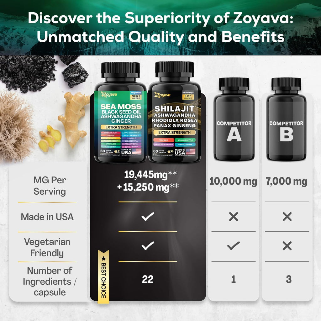 Zoyava Sea Moss 16-in-1 and Shilajit 8-in-1 Supplement Bundle