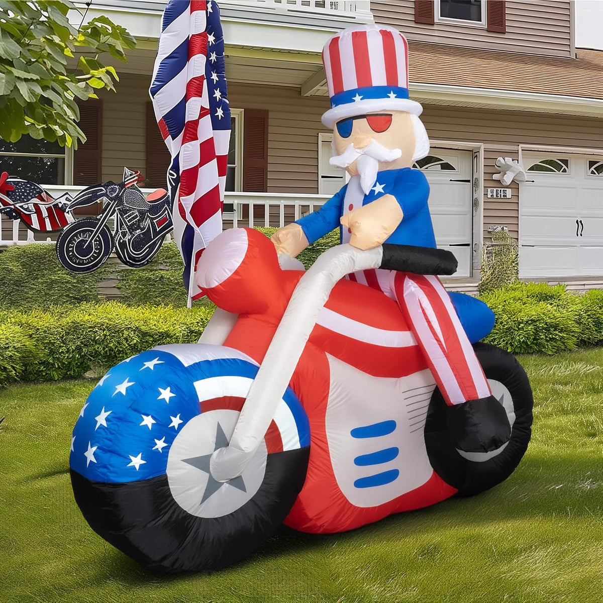 Dazzle Bright 4th of July Inflatable Decorations, 6FT Uncle Sam on Motorcycle Pre-Lit LED Independence Day Decor, Blow Up Patriotic Memorial Day Decorations for Indoor Outdoor Lawn Yard Garden